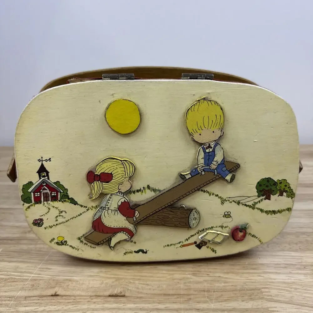 VTG 70s Basketville Purse Hand Painted Putney Vermont Lined Wood Cottagecore